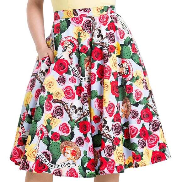 Hell Bunny Dias de los Muertos Roses Cactus A-Line Full Skirt - Picture 1 of 5